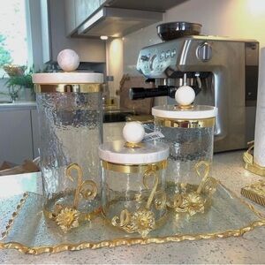 Medium 3 Glass Canisters with Gold Design and Marble Lid